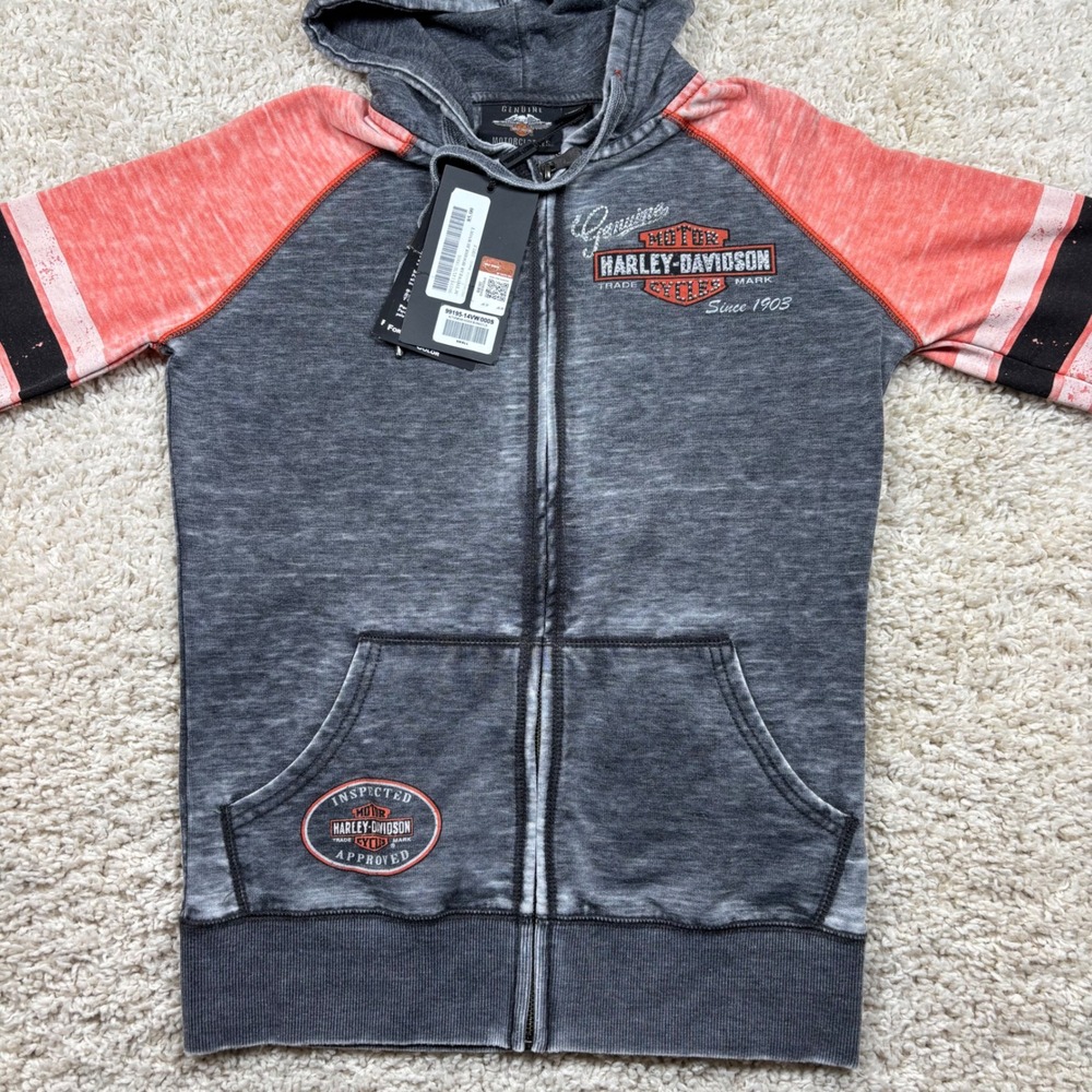 Harley-Davidson Hoodie Women S Gray Orange Burnout Rhinestone Full Zip NWT - Picture 9 of 10